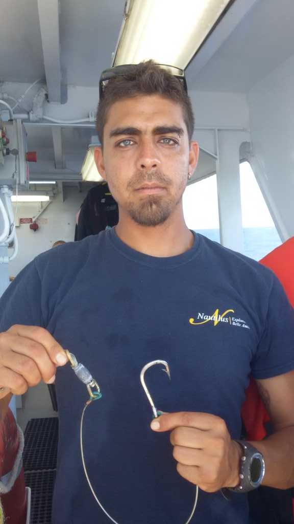 A hook and trailing weight..