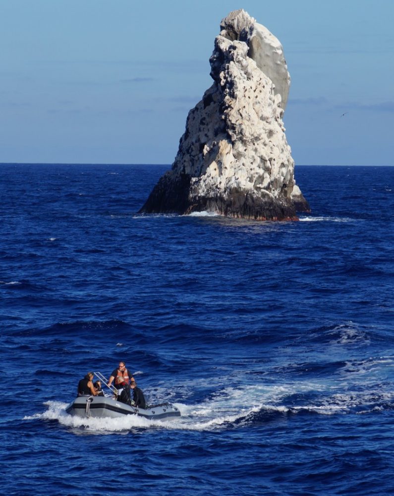 skiff heading away from the famous roca partida divesite